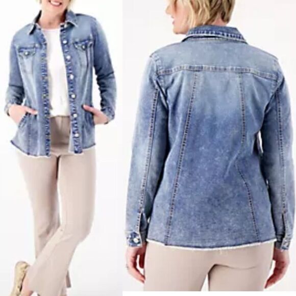 LOGO by Lori Goldstein Denim Shirt Jacket Women’s Size 16 Blue Frayed Hem Button - Picture 1 of 13